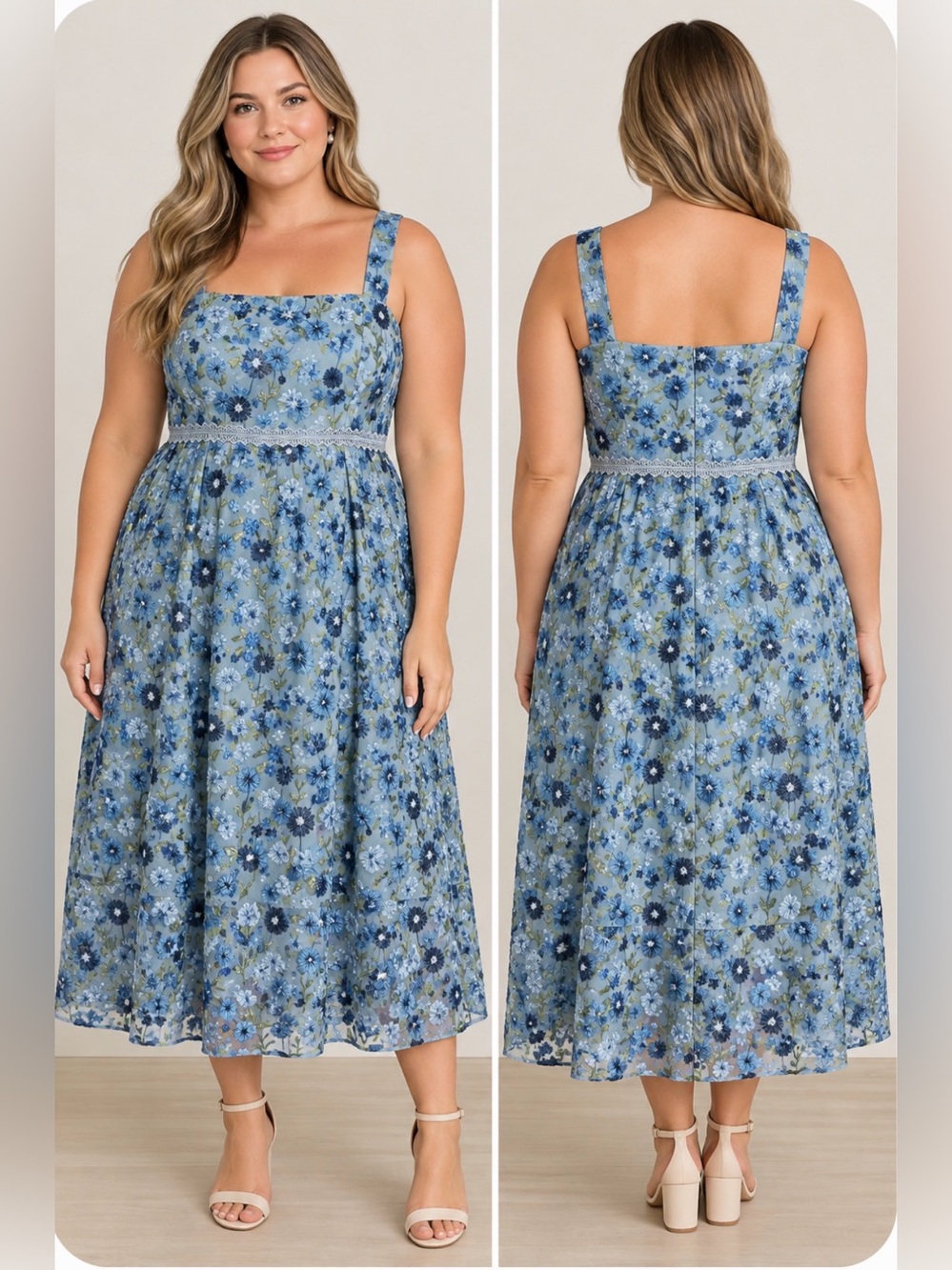 Adrianna Papell Blue Floral Embroidered Lace Midi Dress 16 Sold Out Nordstrom